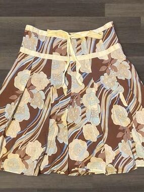 Brown Floral Midi Skirt with Cream Waist Tie